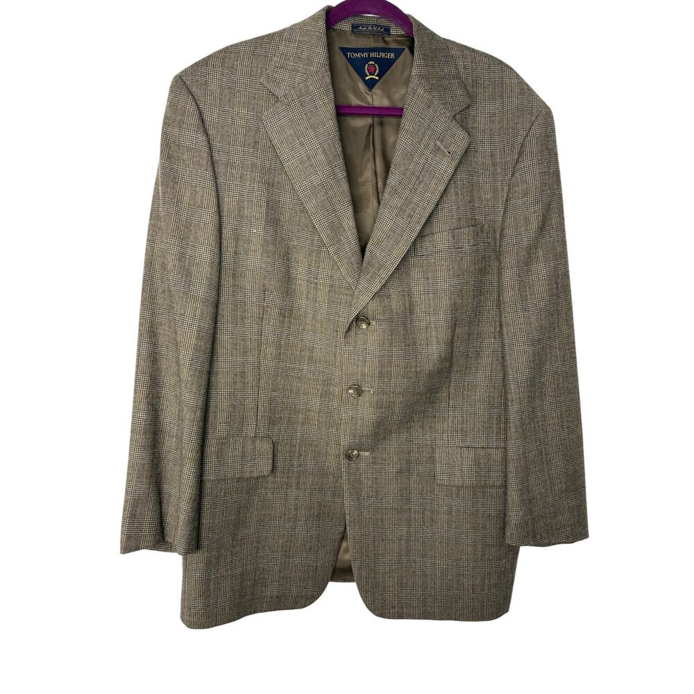 Vintage Tommy Hilfiger Blazer 42R Brown Glen Plaid Wool Made in USA Classic